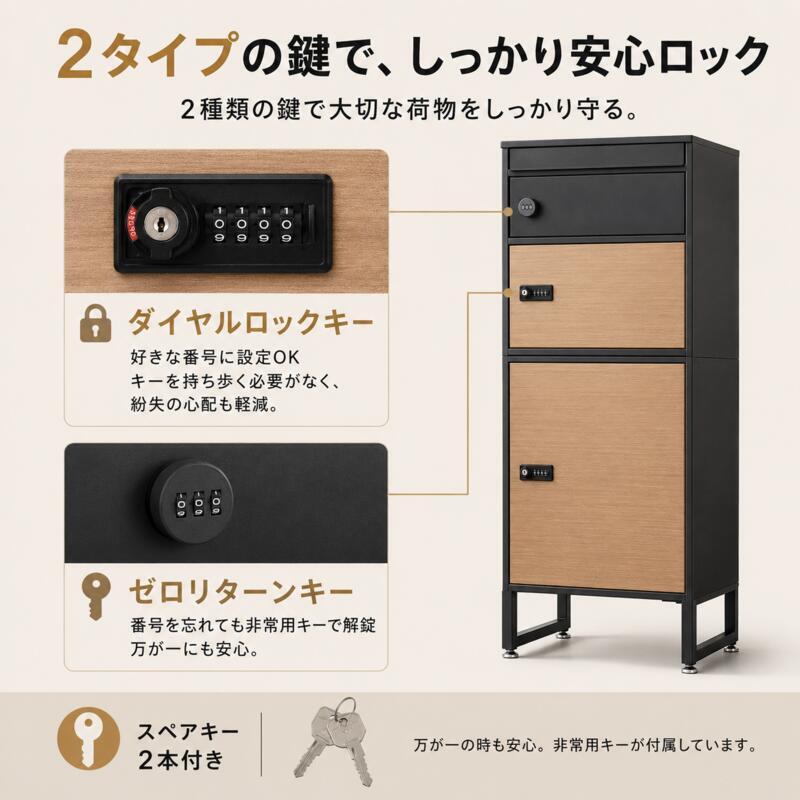 宅配ボックス ポスト一体型 2段 複数受取 3ボックス スリム 幅45cm 大容量 一戸建て用 置き型 宅配ポスト 郵便受け ダイヤル錠 鍵付き 印鑑ケース メッセージプレート 通気口 アジャスター ブラック 木目 おしゃれ