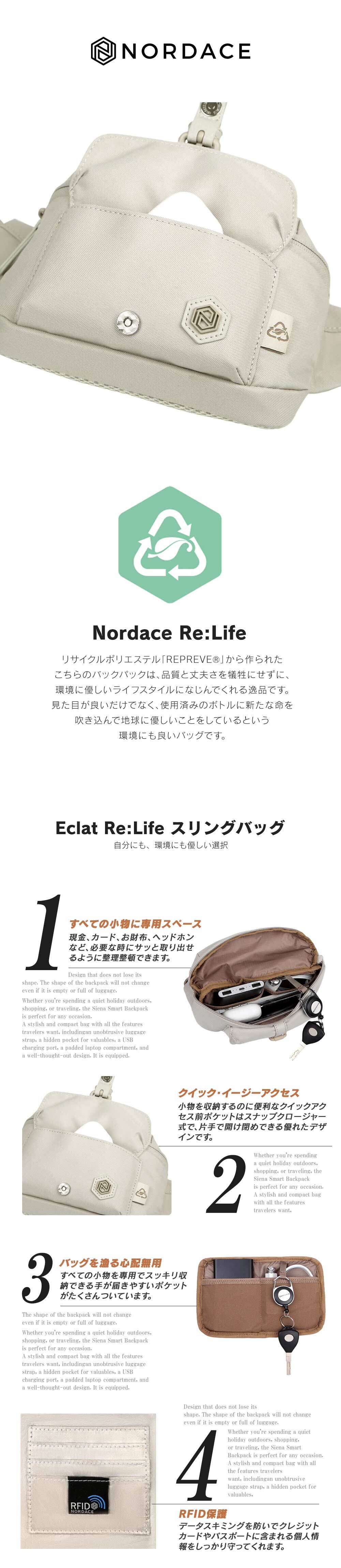 【正規輸入販売代理店】ボディバッグ ブランド おしゃれ レディース 斜めがけ 大人 ノルディス Nordace Eclat Re:Life スリングバッグ ND1100 旅行 コンパクト 耐水
