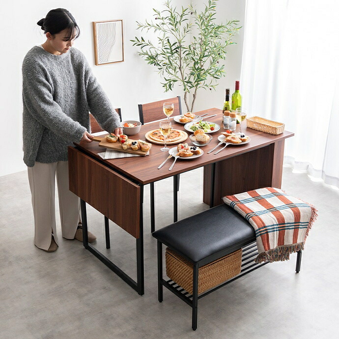 伸長式 ダイニングセット 2~4人用 ダイニングチェア2脚 ダイニングベンチ 収納付き 幅100~135cm 2人用 4人用 天然木 新生活 テーブル 食卓 木製 省スペース 北欧 モダン カントリー おしゃれ