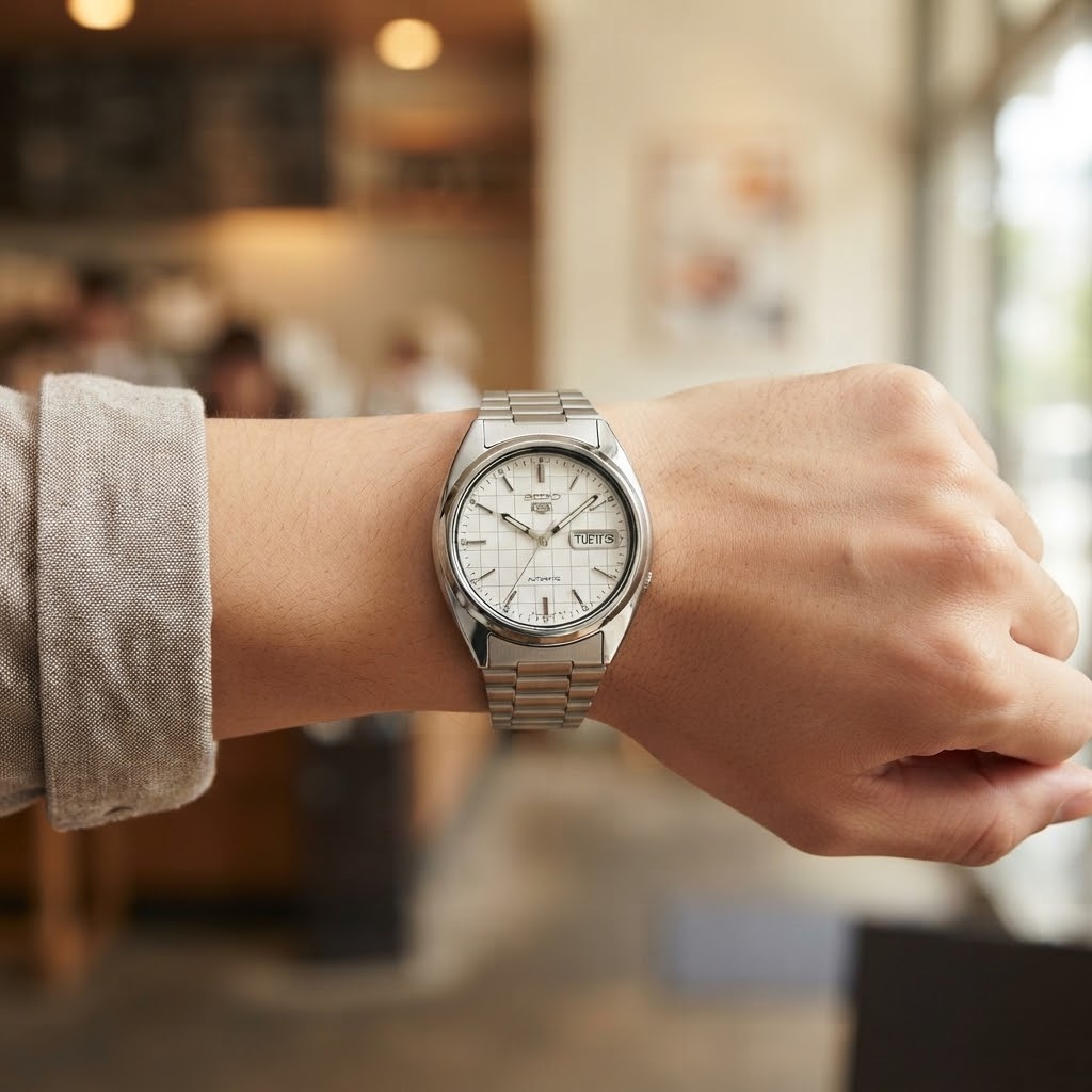 セイコー5 腕時計 メンズ 自動巻き ホワイト シルバー SEIKO 5 海外モデル 逆輸入 メタルベルト 曜日 日付 シースルーバック 機械式 レトロ 誕生日 プレゼント ギフト 収納ケース付き 成人 卒業 入学
