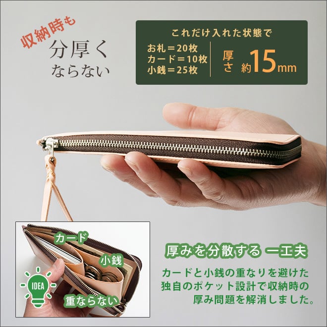 ［名入れ］【薄型・切り目】 L字ファスナー 長財布【素ヌメ革】極薄 極小 小さい長財布 財布 札入れ 小銭入れ 仕分け ファスナー ウォレット / コンパクト 小さい 小さめ  軽量 軽い 薄い スリム 大容量 メンズ レディース フラグメントケース 日本製 本革 一粒万倍日 天赦日 [km01]
