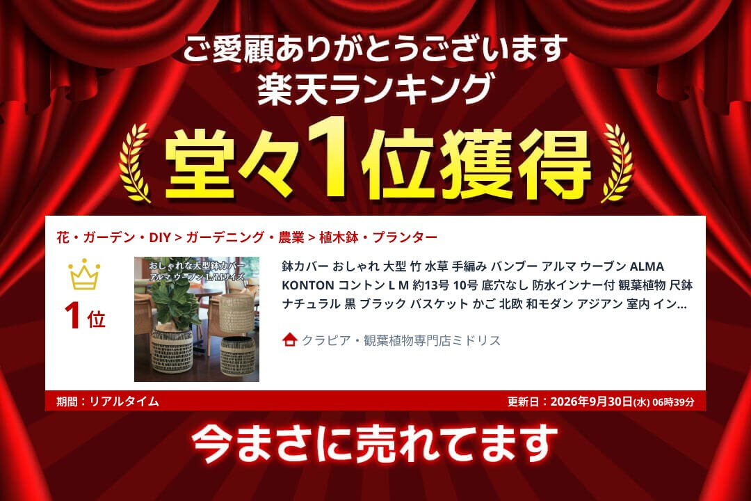 鉢カバー おしゃれ 大型 竹 水草 手編み バンブー アルマ ウーブン ALMA KONTON コントン L M 約13号 10号 底穴なし 防水インナー付 観葉植物 尺鉢 ナチュラル 黒 ブラック バスケット かご 北欧 和モダン アジアン 室内 インテリア シンボルツリー