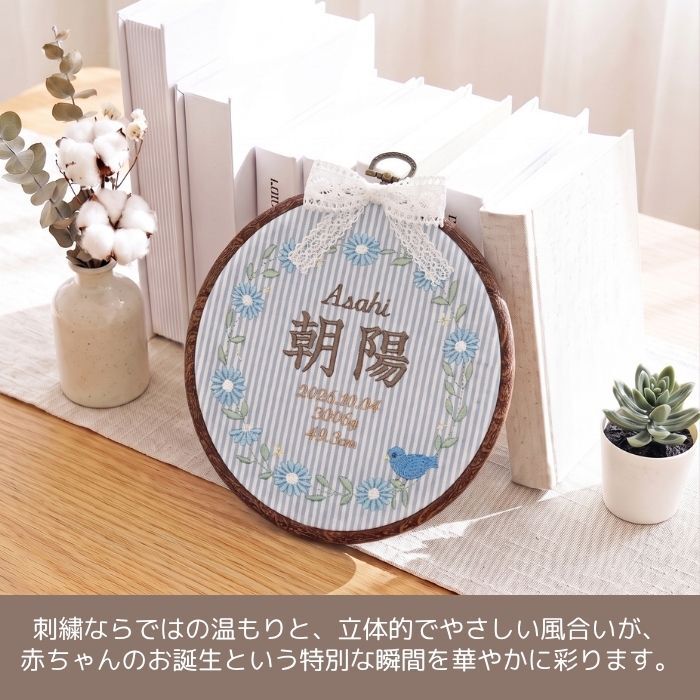 命名書 刺繍 刺しゅう おしゃれ 男の子 女の子 フレンチガーリー ストライプ とり ブルー 北欧 丸型 メモリアル刺繍フレーム オーダー 名前 箱 かわいい 可愛い 送料無料 名前旗 命名式 ベビー 名入れ お七夜 お宮参り 100日記念 七五三 節句 誕生日 出産祝い 英語