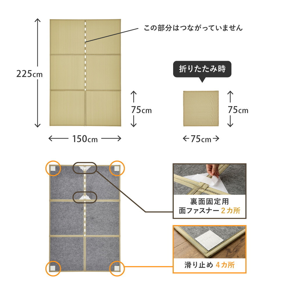 折りたたみ置き畳 6面 約150×225×1.1cm 3畳 い草風 連結畳 水拭きOK 折りたたみ コンパクト 置き畳 ユニット畳 滑りにくい 面ファスナー ブラウン グリーン 和室 フローリング 畳スペース 折りたたみ畳 い草風畳 畳マット フロア畳