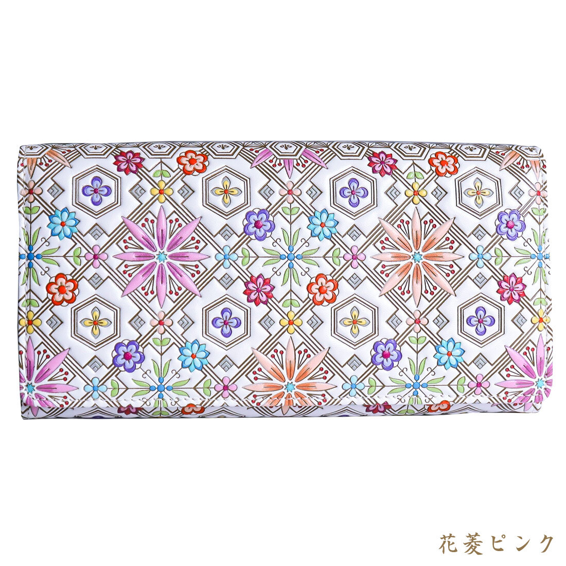 浅草文庫 友禅染 かぶせ 長財布 花菱 WA-4 花菱 柄 江戸小紋 カブセ 財布 フラップ 文庫革 送料無料 レザー 牛革 レディース ギフト プレゼント