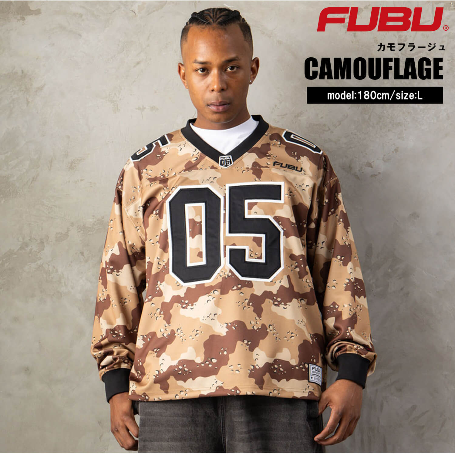 FUBU フブ ゲームシャツ メンズ レディース fam-62713 フットボールシャツ 長袖 Vネック ナンバリング 迷彩 チョコチップ カモフラ ロンT オーバーサイズ ストリート ヒップホップ ダンス カジュアル M L XL XXL 2026FW Karlas