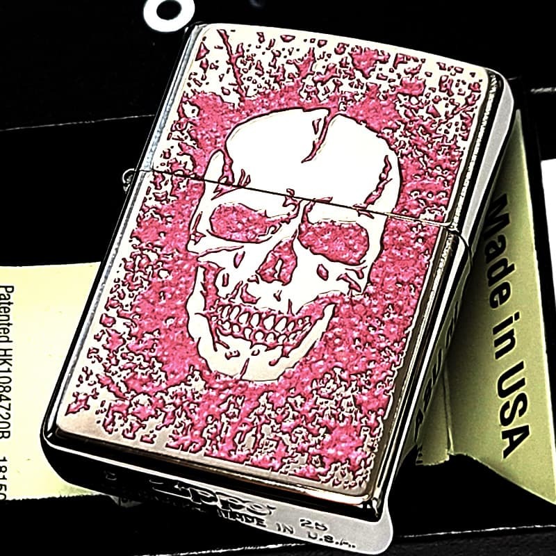 ZIPPO ライター スカル 細密メタル 両面加工 シルバー＆ピンク ジッポ ロゴ ドクロ 裏面柄違い 彫刻 ガイコツ おしゃれ かっこいい メンズ プレゼント ギフト