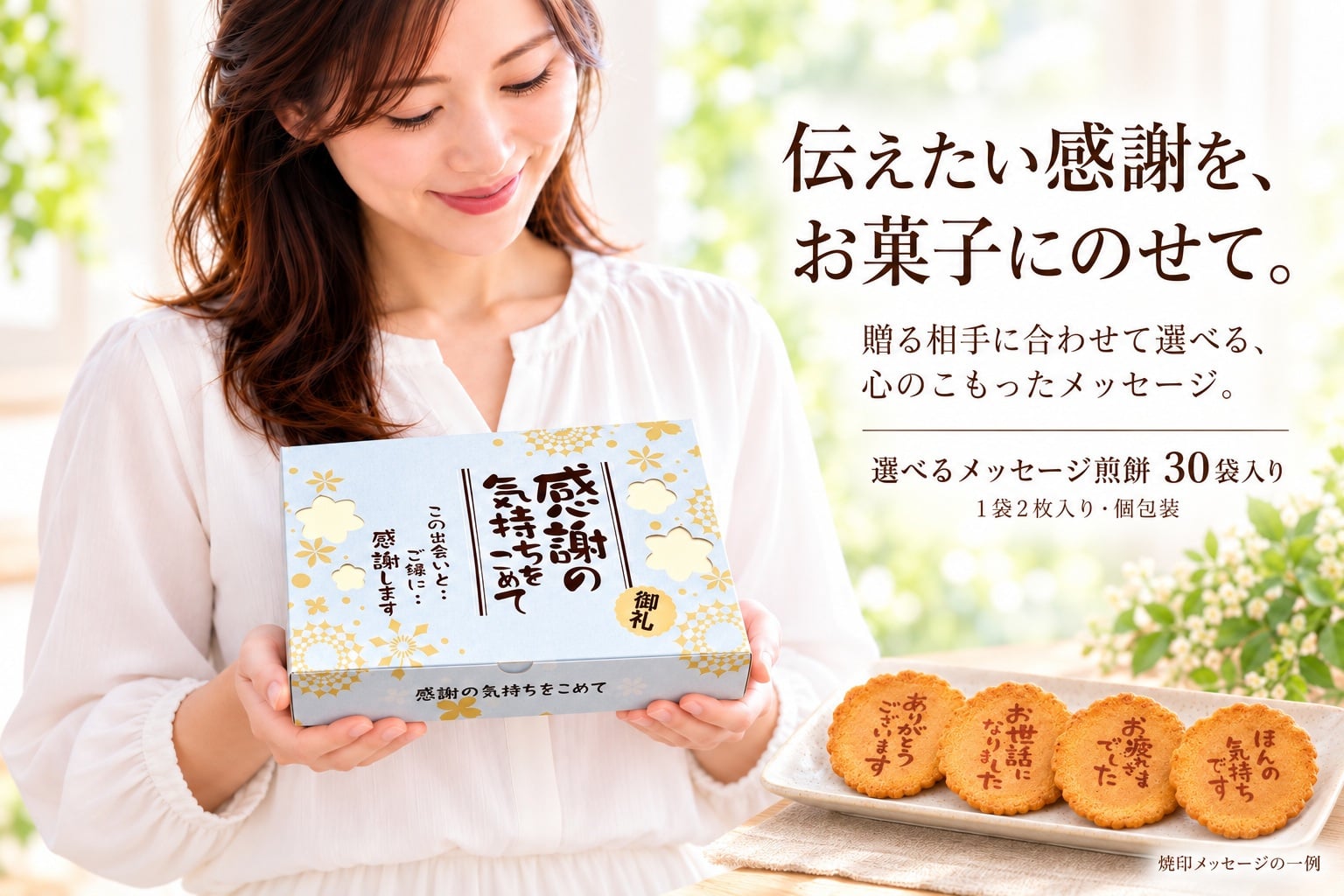 【即日発送・送料無料】選べるメッセージ煎餅 30袋入り（個包装2枚×30）感謝 ギフト お礼 挨拶 退職 送別 転勤 異動 卒業 引っ越し 職場配布 プチギフト 大量 手土産 結婚式 内祝い 母の日 父の日 敬老の日 お中元 お歳暮 ノベルティ対応可
