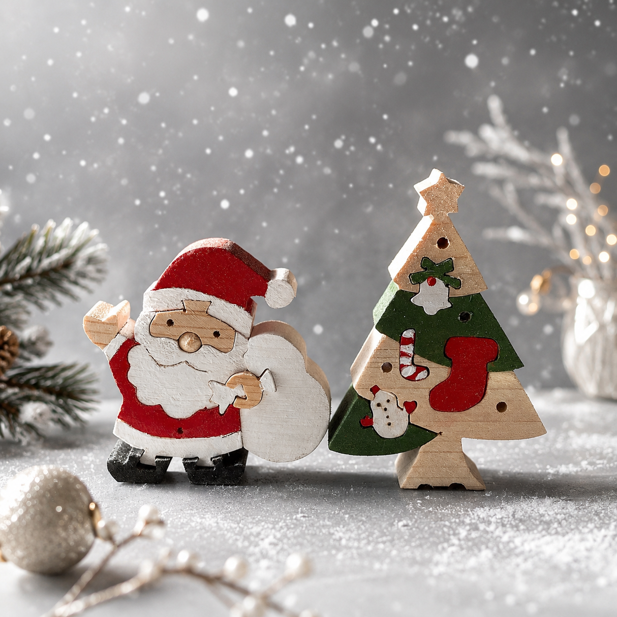 クリスマスツリーとサンタクロースの組み木セット｜木製クリスマス飾り｜冬のインテリア・置き物｜ハンドメイド