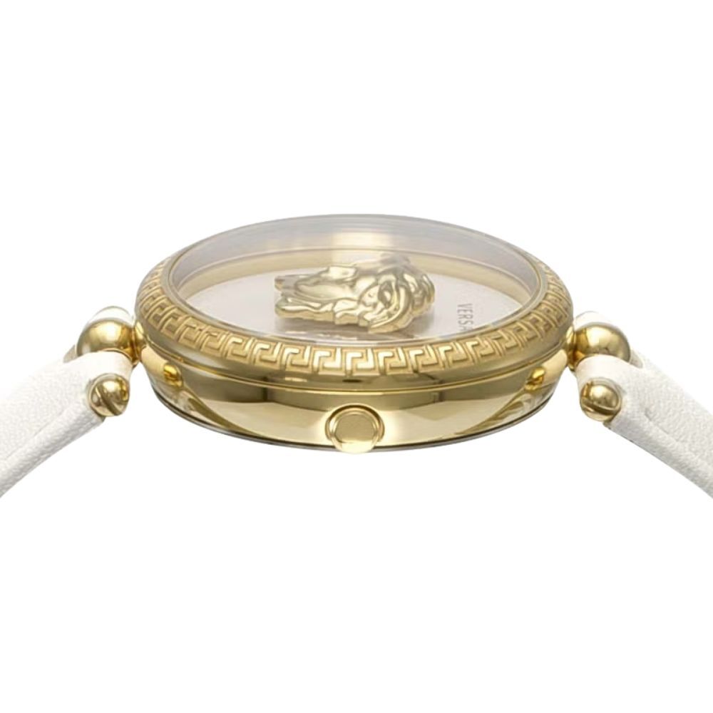ヴェルサーチェ 腕時計 レディース ホワイト ゴールド 34mm VERSACE PALAZZO EMPIRE パラッツォ エンパイア 立体 メデューサ 白 レザー 革ベルト スイス製 高級 ブランド おしゃれ プレゼント ギフト 卒業 入学 お祝い