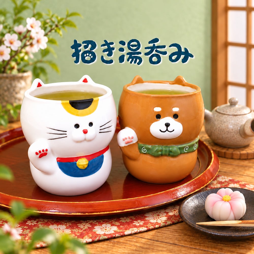 DECOLE　招き湯呑み　猫　柴犬【湯呑み　湯のみ　湯飲み　湯呑　和食器　食器　茶碗　日本茶　お茶　招き猫　猫　ネコ　猫雑貨　縁起物　開運　福招き　招福　和雑貨　かわいい雑貨　プレゼント　ギフト】