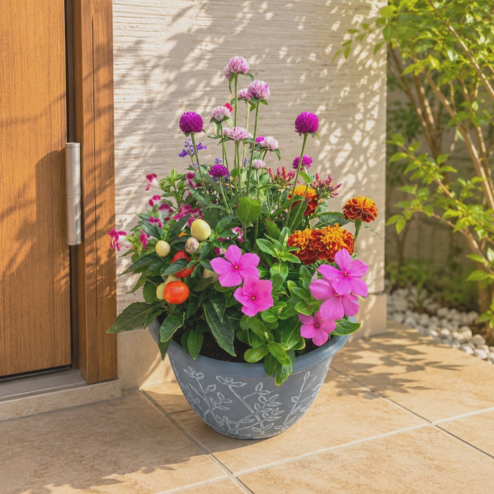 季節の寄せ植え リーフ柄 軽量プラスチック鉢 内径24cm  （グレー・4色展開）６～7種類のお花で構成 ラッピング不可 ギフトメッセージOK