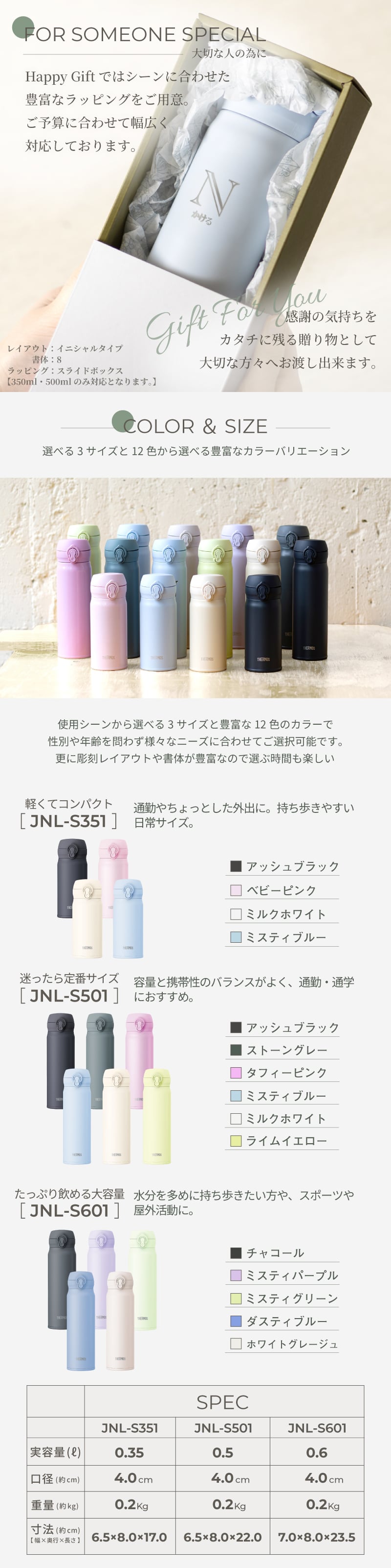 ★ 新色追加 名入れ無料 プレゼント サーモス 真空断熱ケータイマグ 【 英字イニシャル 】JNL-S351/501/601 350ml 500ml 600ml 全3サイズ 全11色 超軽量保冷保温 スポドリ対応 食洗機対応 熱中症対策 二重構造 飲みやすい 名入れ水筒 マイボトル THERMOS 即日可