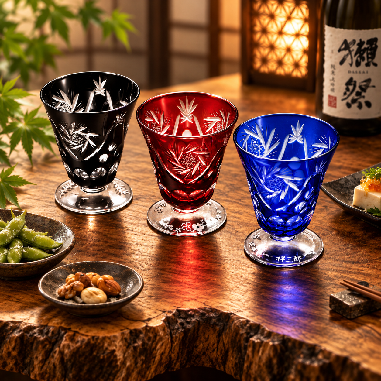 退職 異動 名入れ ペアギフト SXX 酒セット 日本酒 八海山 純米大吟醸・大吟醸 ひょうたん瓶 180ml & 切子 足付 お猪口 2点 コサージュ付 ギフトBOX入り / プレゼント ギフト 夫婦 結婚 金婚式 銀婚式 退職 記念 誕生日 長寿 祝い 冷酒盃 赤 青 黒 選べるカラー 飲み比べ