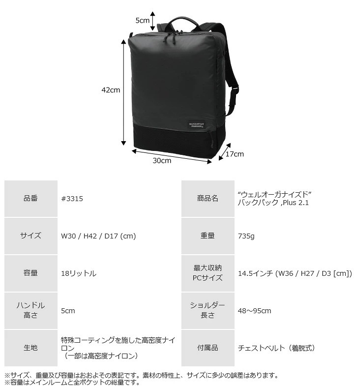 マンハッタンパッセージ メーカー直営 #3315 リュックサック/バックパック B4対応 18L 高耐水生地 MANHATTAN PASSAGE ギフト プレゼント