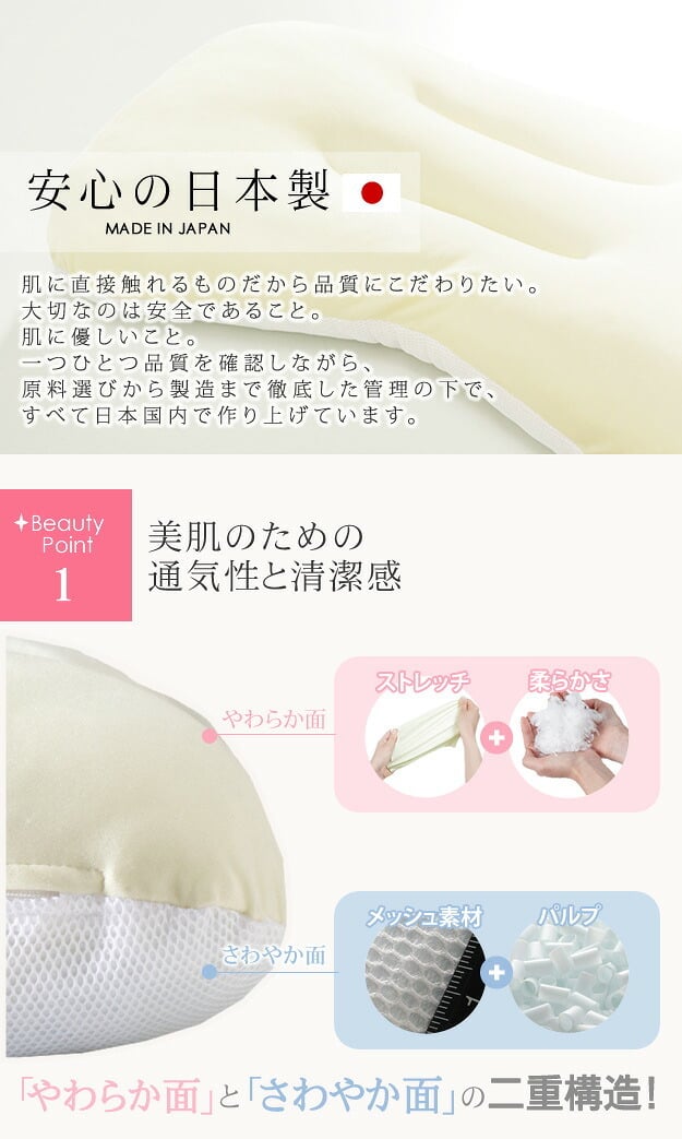 顔にシワがつかない ナイトケアピロー 43×63cm 枕 首 肩 しわ 眠りシワ 美肌 女性 柔らかい エイジングケア スキンケア 快眠 熟睡 寝返り 美容 健康 洗える 清潔 通気性 高さ調節 日本製