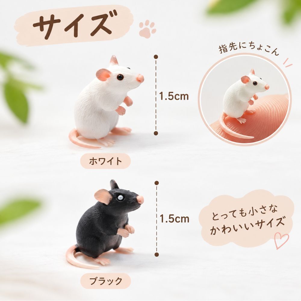 ミニチュア マウス 置物 2個セット 白 黒 約1.5cm 小さい ネズミ フィギュア ドールハウス ジオラマ デスク 卓上 インテリア 雑貨 かわいい 飾り 撮影小物