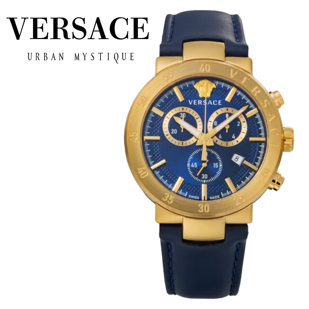 ヴェルサーチ 腕時計 メンズ アーバンミスティーク 1本限り クロノグラフ ブルー ネイビー ゴールド レザー 44mm VERSACE URBAN MYSTIQUE スイス製 サファイアガラス プレゼント ギフト 成人 卒業 入学