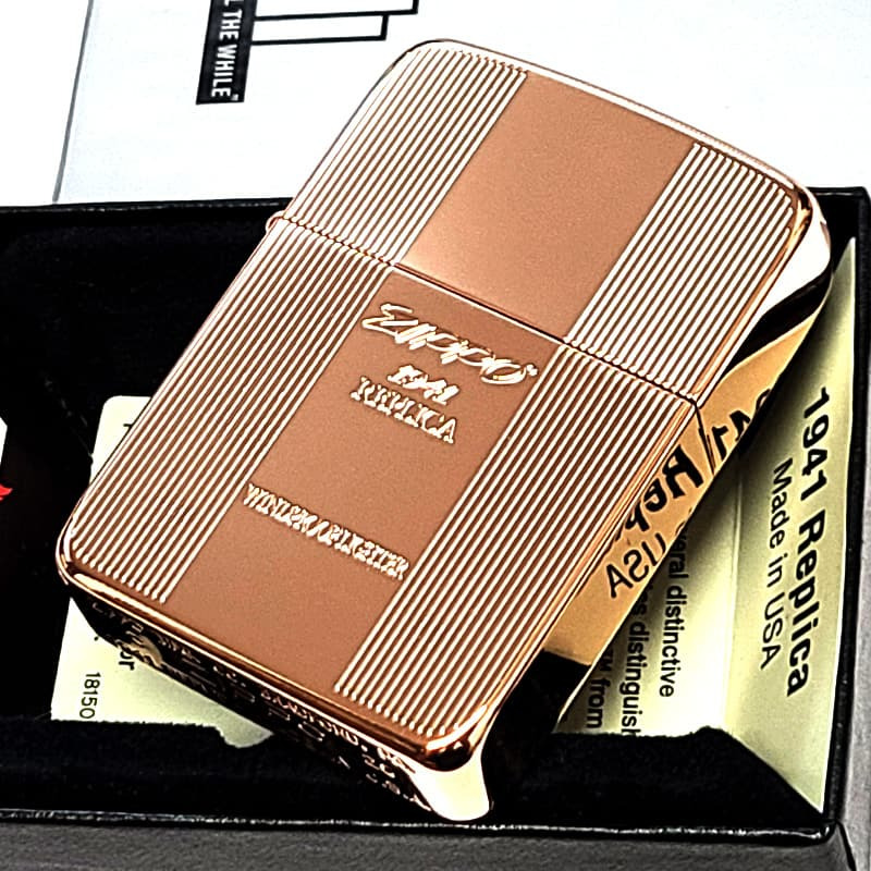 ZIPPO 1941復刻 プレミアムシャイン 鏡面カッパー ジッポ ライター ロゴ 両面加工 ストライプ おしゃれ 丸角 高級 かっこいい メンズ ギフト プレゼント