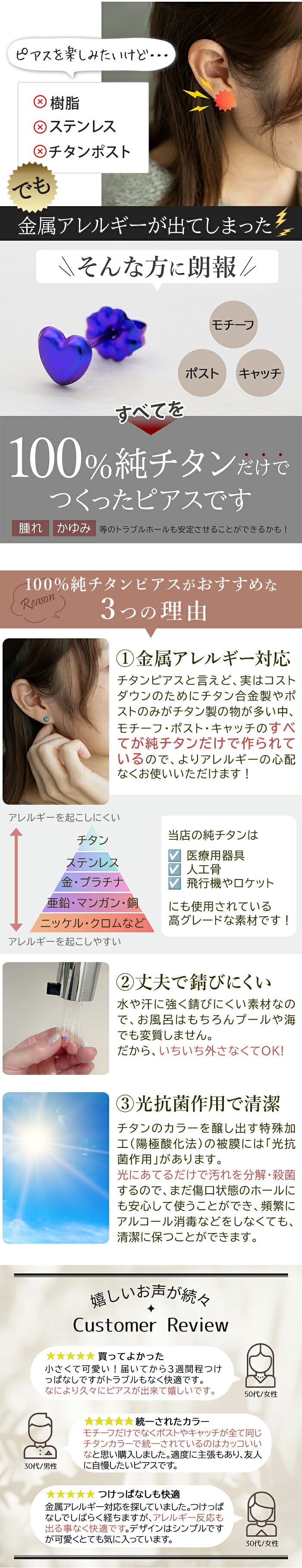 セカンドピアス 純チタン 軸太0.75mm 長さ10mm つけっぱなし 100％純チタン ピアス ハート 金属アレルギー対応 返金保証 医療用 片耳 1個 耳たぶ