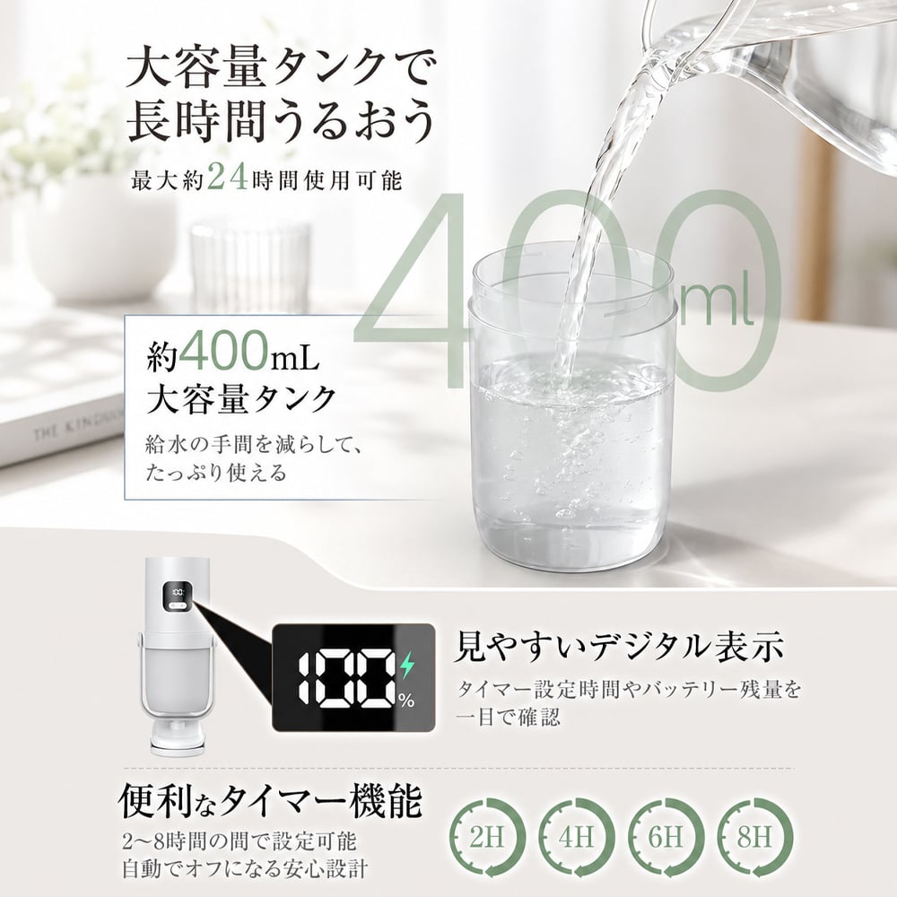 卓上加湿器 小型 クリップ付き 置き型 USB充電式 350mL 角度調整可能 超音波式 3段階噴霧 間欠運転 水漏れ防止 寝室 車内