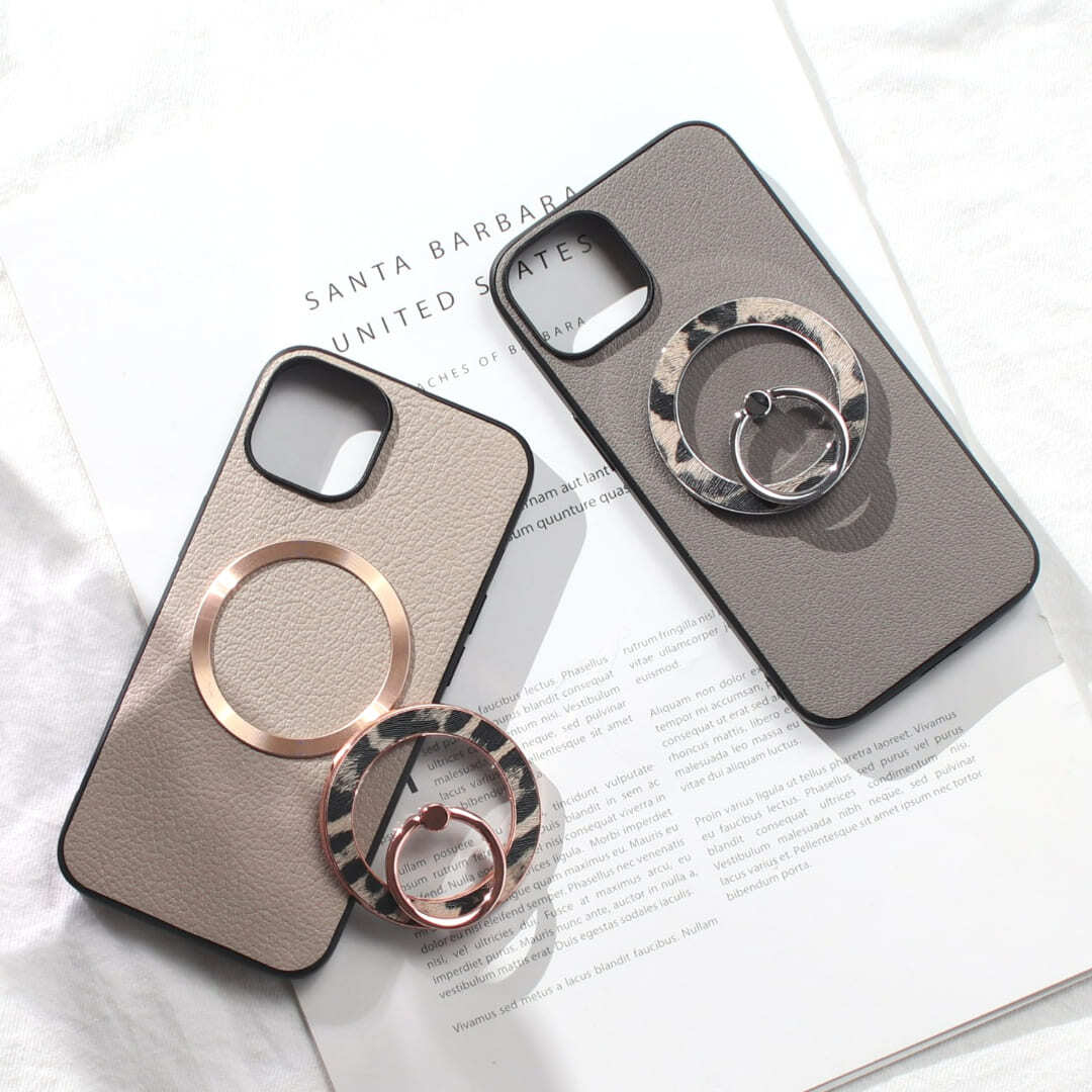 iphone13 ケース レザー リング付き iphone13mini iphone13Pro iphone13ProMAX 本革 magsafe マグセーフ対応 13 13mini 13pro 13promax アイフォン13 アイフォン13promax スマホリング リング スタンド ヒョウ柄 レオパード スリム メタリック レディース ベージュ 送料無料