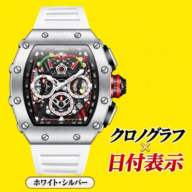 腕時計 メンズ クロノグラフ オマージュウォッチ クォーツ トノー型 スケルトン シリコンベルト 日付 ONOLA ON6827