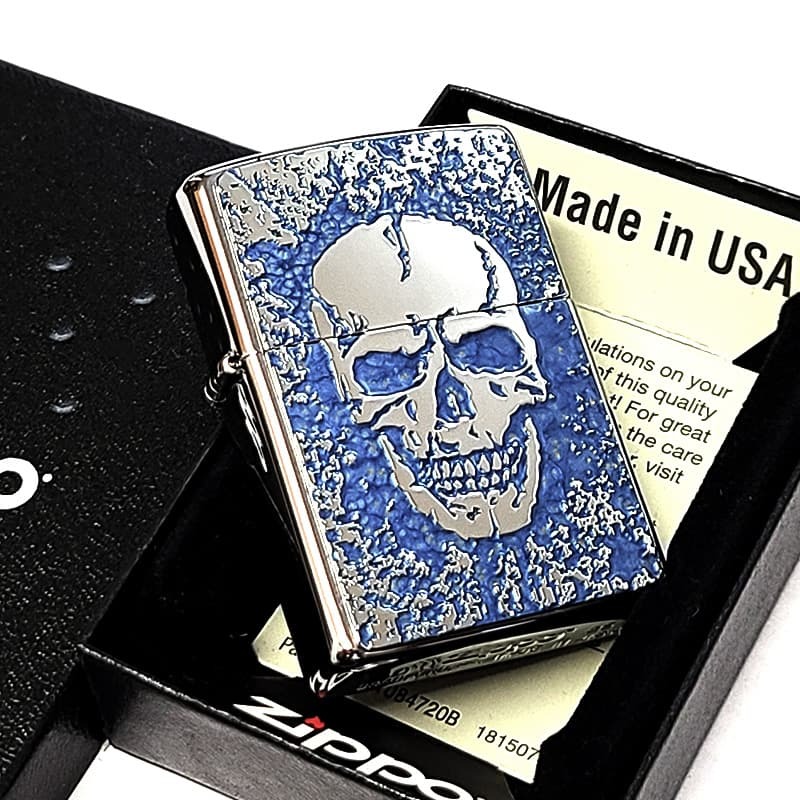 ZIPPO スカル 細密メタル シルバー＆ブルー ジッポ ライター 両面加工 彫刻 かっこいい ドクロ 裏面柄違い ガイコツ おしゃれ 青 メンズ プレゼント ギフト