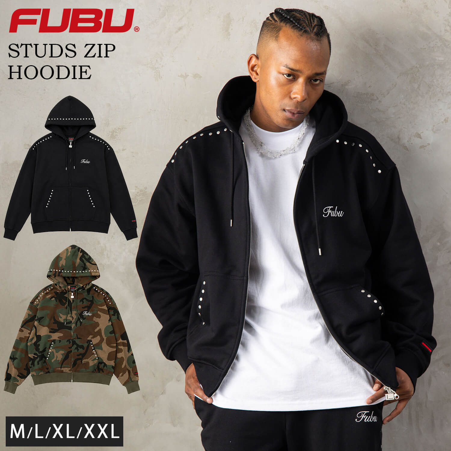 FUBU フブ パーカー メンズ レディース fam-62706 スタッズ ジップ フーディー フルジップ ジップアップ スウェット 迷彩 カモフラ 刺繍 ビッグシルエット ストリート ヒップホップ ダンス カジュアル トップス M L XL XXL 2026FW Karlas