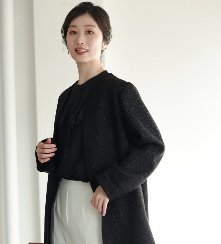 ノーカラー コート レディース ラメ ツイード Vネック アウター ブラック 入学式 入園式 卒入学 結婚式 春 冬 30代 40代 50代 ウール混 アウター 黒 女性 フォーマル 冠婚葬祭 卒業式 卒園式 ギフト プレゼント 6F (08000203r)