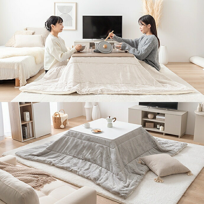 こたつ2点セット こたつテーブル 掛け布団 正方形 75×75cm 布団190×190cm 省スペース コンパクト フェイクラビットファー フランネル リバーシブル 洗える 300W石英管ヒーター 家具調こたつ コタツ テーブル 冬用 こたつ机 冬物
