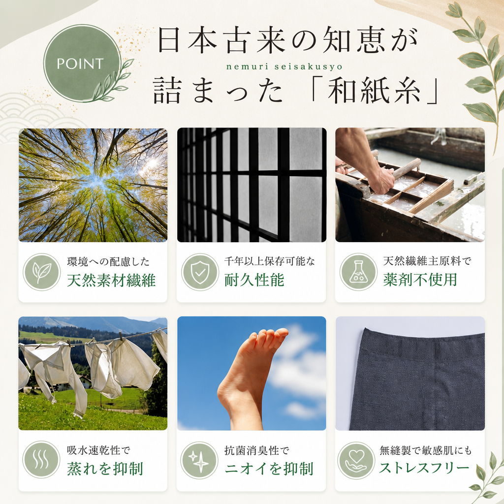【ギフトラッピング無料】ムレない和紙糸からできた靴下「和紙心～washico～ ナイトソックス」 吸水・速乾性、抗菌・消臭性が良く、内側が5本のセパレートになっているから指の間の汗やムレも吸収。いつでもサラッとした履き心地【日本製 】