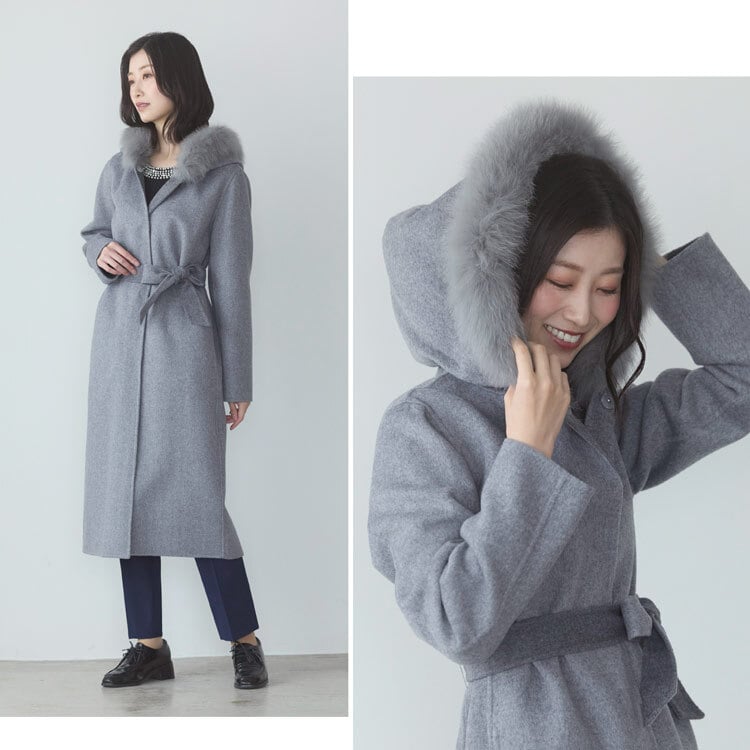 カシミヤ ブレンド ウール ロング コート ダブルフェイス フォックス ファー付き 110cm 比翼 一枚仕立て アウター フード付き ネイビー/ライトグレー/ブラック/9号/11号/13号 Filomo (02000227r)