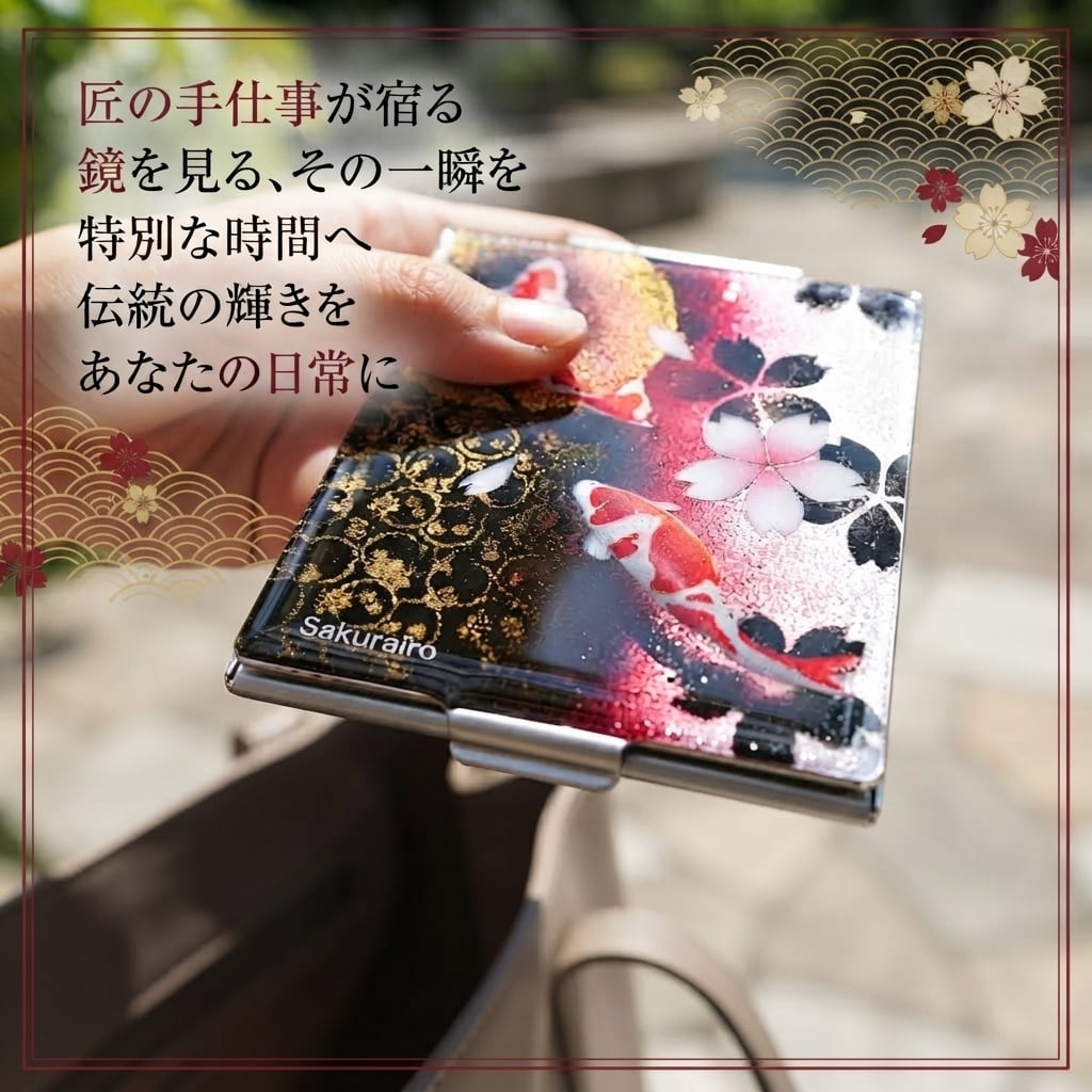 コンパクトミラー『祖』名入れ 送料無料 和柄 和風 和モダン 和雑貨 和小物 手鏡 折りたたみ 桜 伝統工芸 職人 手作り ハンドメイド 記念日 プレゼント ギフト