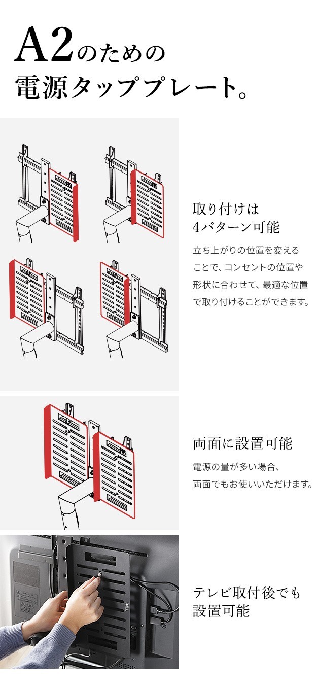 WALL SEVENSTAND セブンスタンド A2対応 スマート設置オプションセット-電源タップ-電源タッププレート ケーブル収納 コード収納 背面収納 整理 配線整理 ブラック スチール製 延長コード セット すっきり おしゃれ パーツ 部品 モダン