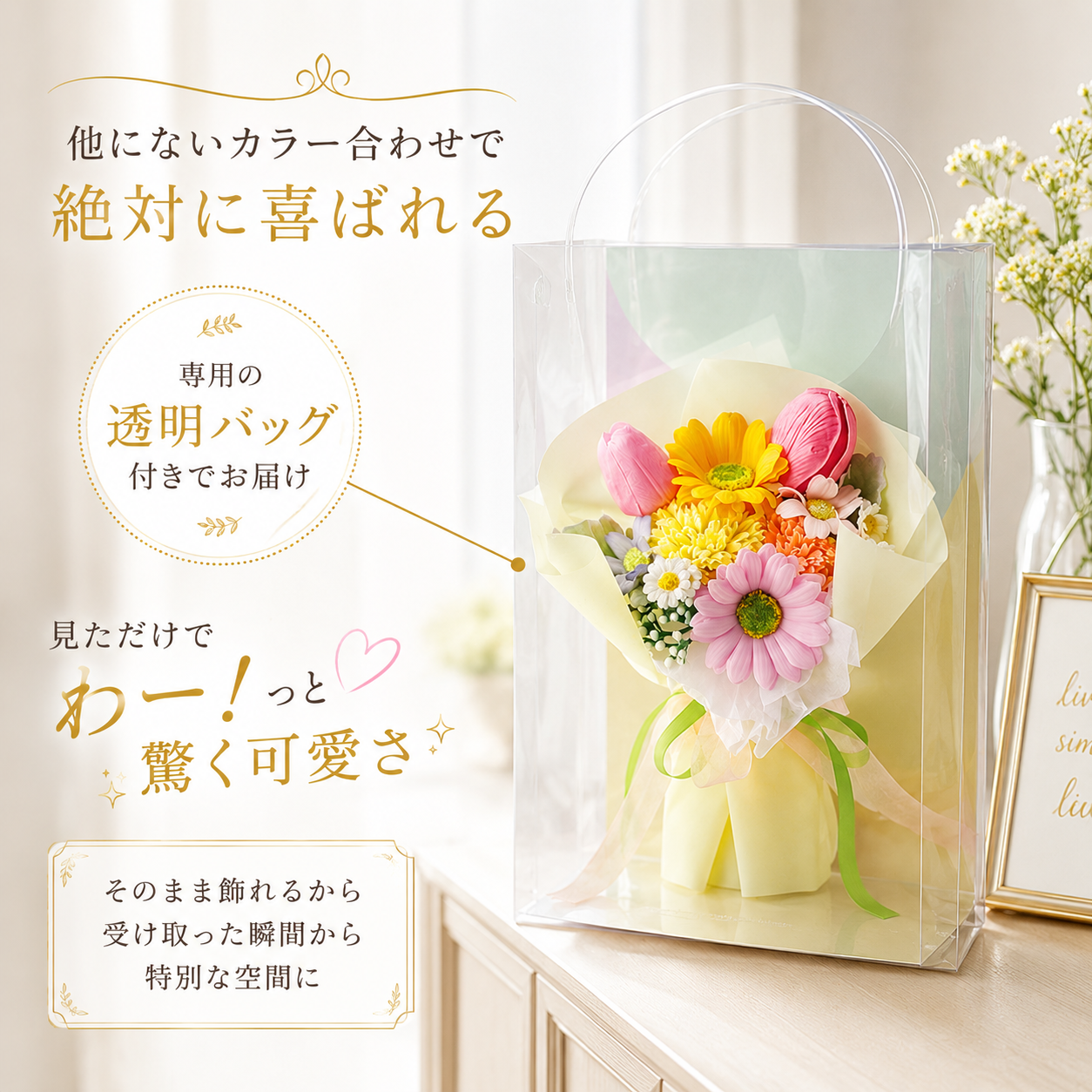 ソープフラワー 花束ギフト フラワーブーケ 枯れない花 花の贈り物 誕生日ギフト 母の日プレゼント 敬老の日ギフト 卒業式 入学式 卒園祝い 送別会 退職祝い 発表会 お礼の品 感謝ギフト 結婚記念日 プロポーズ 記念日ギフト 女性への贈り物 友人へのプレゼント 先生へのお礼 ピンク イエロー パステルカラー 華やか 花飾り インテリア雑貨 お祝い 贈答品 サプライズ 花好き お手入れ簡単