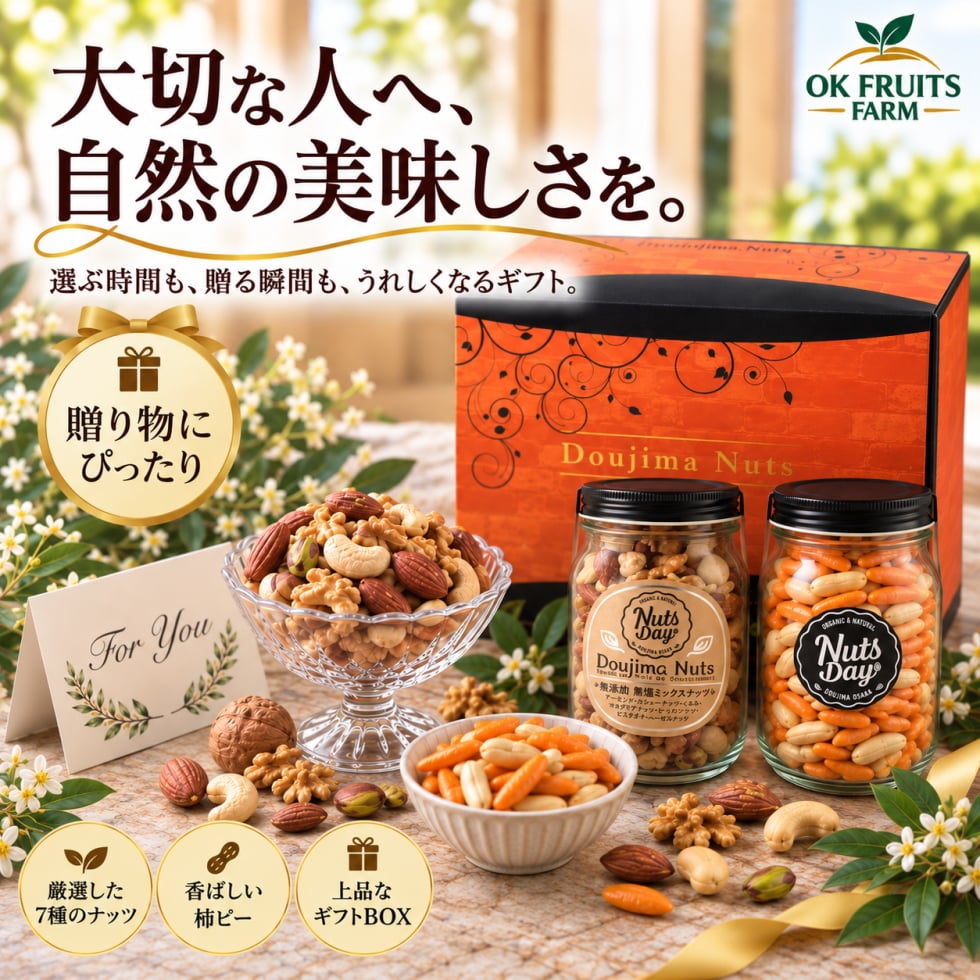 お歳暮 ギフト ナッツ お菓子 親 変わり種 おしゃれ 年配 送料無料 高級 健康食品 御中元 プレゼント ナッツ ギフト おつまみ テレビで話題！ ギフト プレゼント スイーツ 無添加・無塩のプレミアム大阪・堂島7種ミックスナッツと当店オリジナル柿の種ピーナッツのセット。北新地・百貨店でお土産に使われています。【堂島ナッツ＆柿ピー中瓶セット】