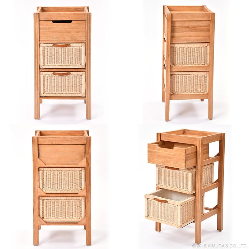 チェスト アジアン家具 収納 キャビネット シェルフ ラタン バスケット 天然素材 チーク無垢木製 籐 3段 スリム アジアン 衣類洋服収納 シャツ収納 北欧 韓国インテリア ナチュラル 新生活