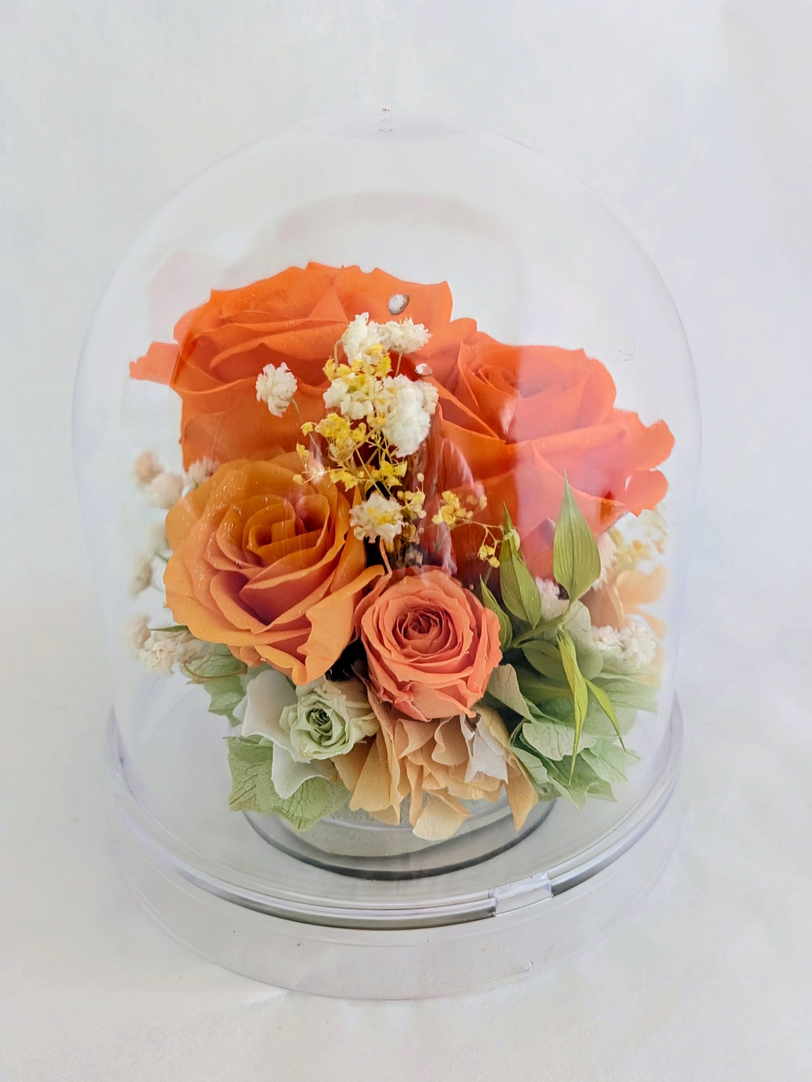 プリザーブドフラワー／オレンジの大輪の薔薇と小花のクリアドームギフト