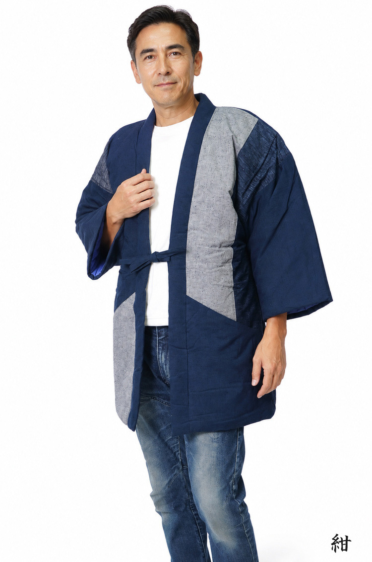 綿入り はんてん 日本製 半天 どてら メンズ 紬切り替え 7270 MI-04 冬 丹前 はんてん 還暦 ちゃんちゃんこ ハンテン 部屋着 ルームウエア