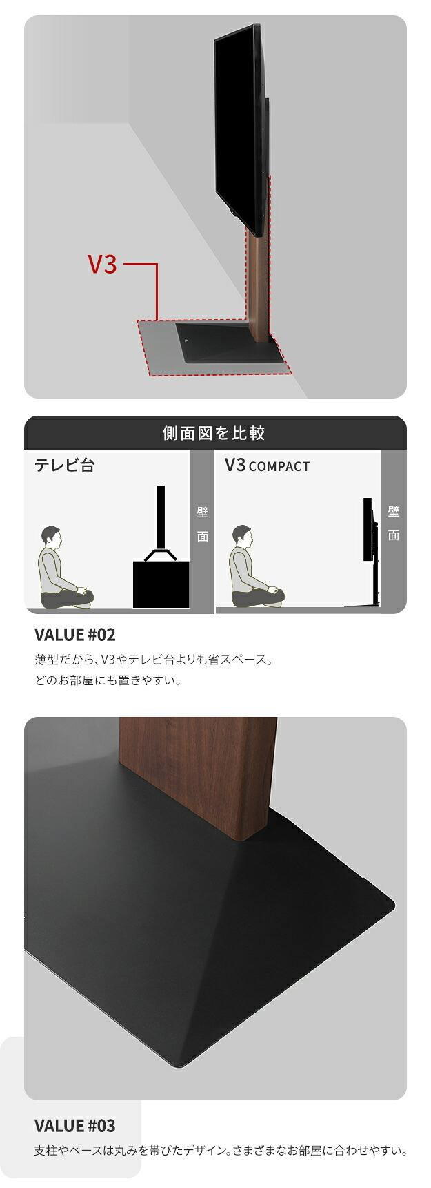 組立設置付き WALLインテリアテレビスタンドV3 COMPACT 24~55v対応 壁寄せテレビ台 TVスタンド 背面収納 コード収納 ミニ 小型 コンパクト ホワイト 白 ブラック 黒 ウォールナット ブラウン ホワイトオーク 木目 TVラック 薄型 新生活