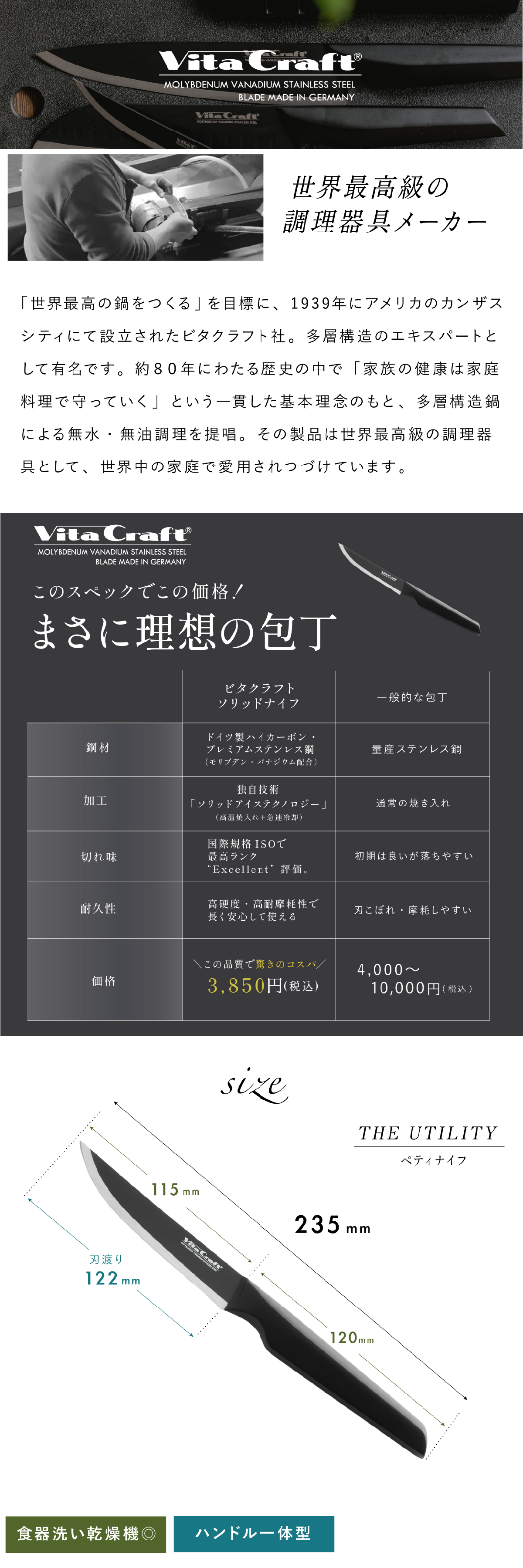 ペティナイフ ビタクラフト ソリッドナイフ ブラック Vita Craft SOLID KNIFE THE UTILITY VC-SK01U BK 果物ナイフ 小型包丁 オールステンレス 一体型 先端波刃 刃渡り12.2cm 軽量 食洗機対応 皮むき フルーツ 野菜 下ごしらえ 卓上 料理 結婚祝い 新生活 プレゼント ギフト