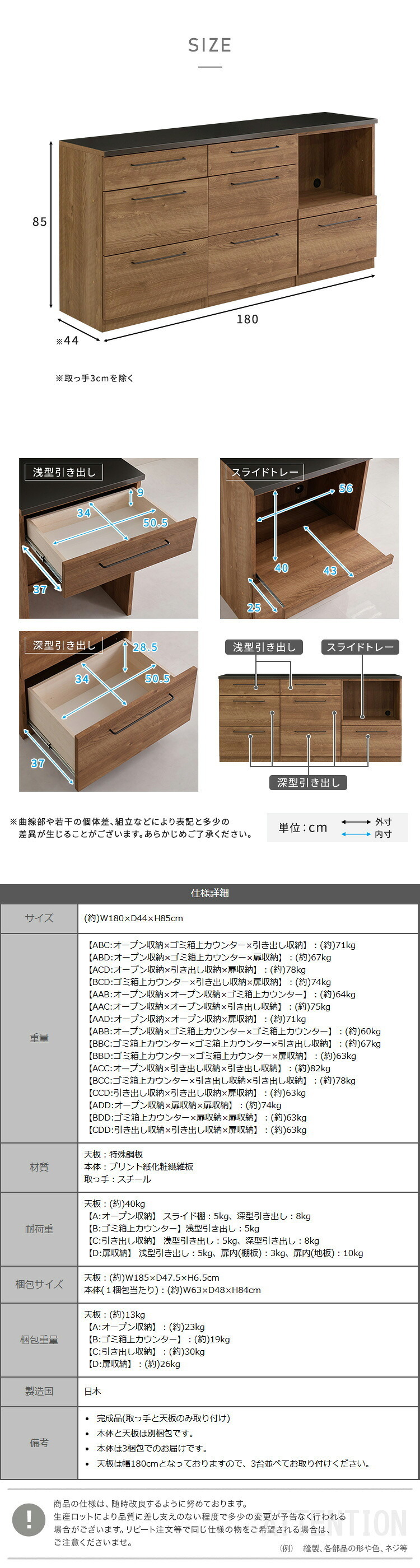 キッチンカウンター キッチン収納 日本製 特殊鋼板を使った組み合わせ 180cm オープン収納+引き出し収納+引き出し収納 新生活