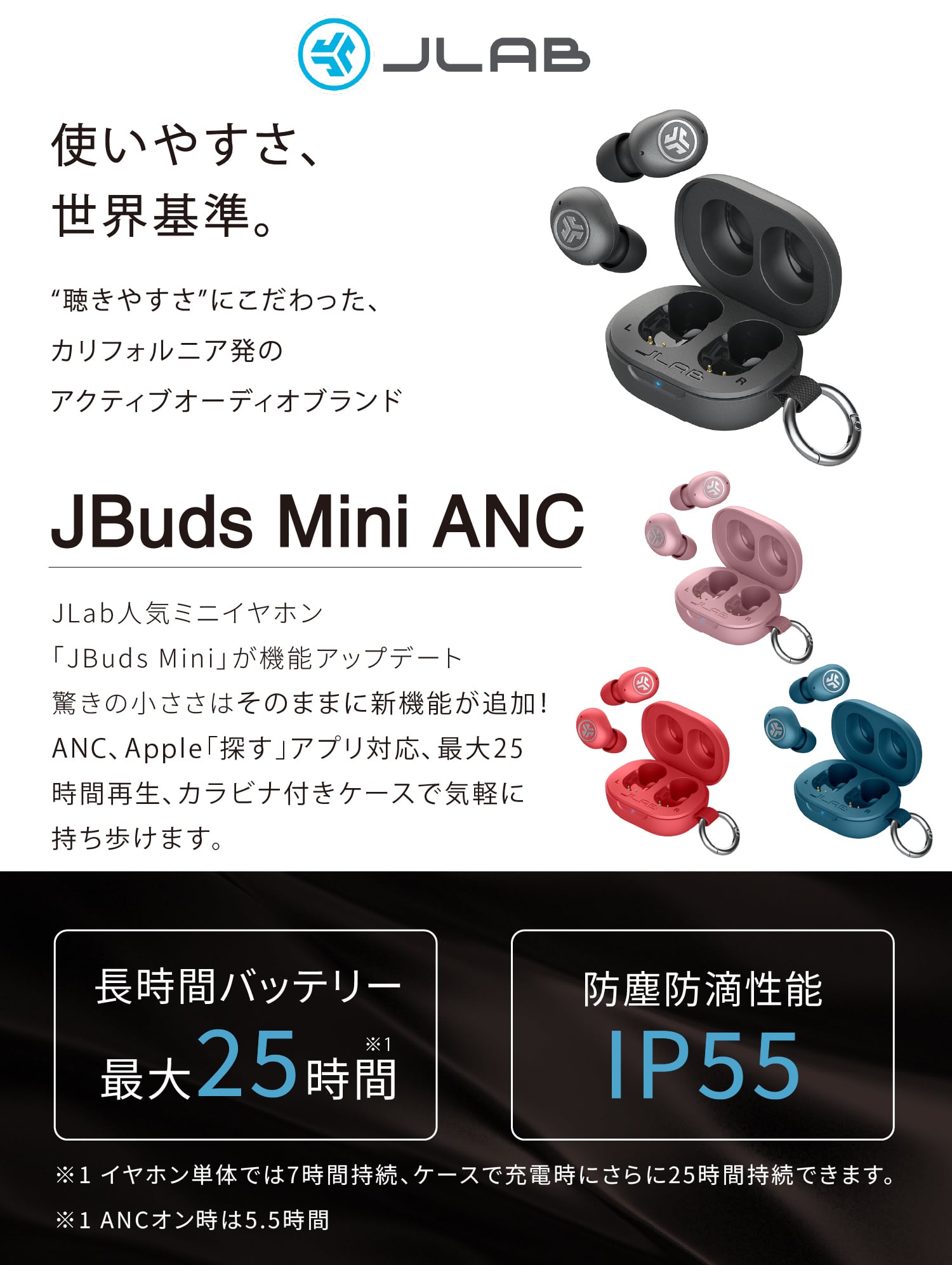 【JLab ジェイラブ】JBuds Mini ANC ノイズキャンセリング搭載 ワイヤレスイヤホン Bluetooth キーホルダー型 iPhone Android 小さい 可愛い イヤフォン  マイク付きイヤホン ノイキャン かわいい おしゃれ 落ちにくい 痛くない 持ち運び マイク付き