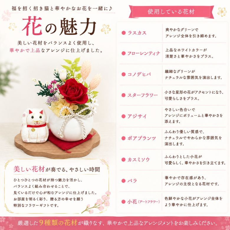 和風招き猫 プリザーブドフラワー ／花 フラワーアレンジメント 置物 招き猫と花の和風アレンジ 開運 縁起物 猫 ねこ ギフト プレゼント 誕生日 母の日 敬老の日 お祝い インテリア　ちりめん細工 新築祝い 開店祝い 金運 長寿
