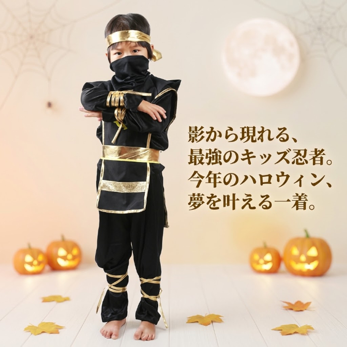 ハロウィン 衣装 子供 忍者 コスチューム キッズ 仮装 コスプレ 忍者仮装 忍者コスプレ 子供用 ハロウィンコスプレ 全身衣装 フード付き 龍柄 ドラゴン 黒 ブラック ゴールド なりきり衣装 イベント パーティー