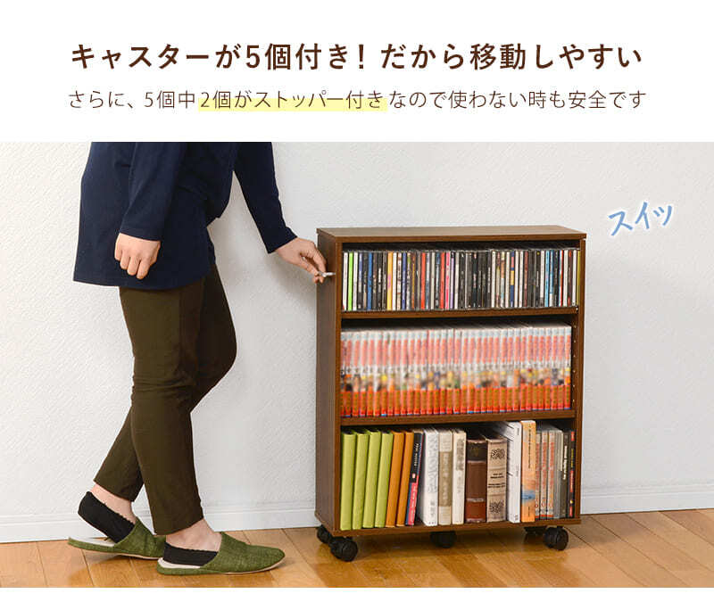 ラック 本棚 ブックシェルフ 幅55cm 奥行21cm 高さ68cm キャスター付き オープン おしゃれ スリム 壁面収納 ウォールシェルフ 棚 パーテーション マガジン 玄関収納 ディスプレイ CD 新生活