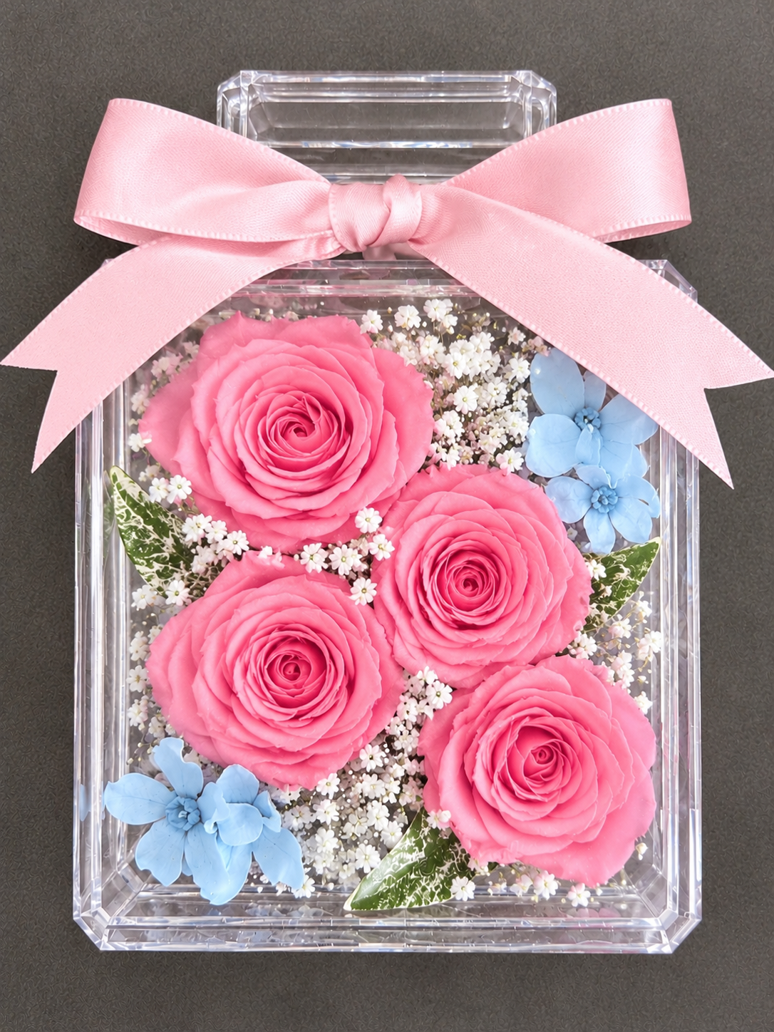 プリザーブドフラワー／青い薔薇と小花の香水瓶ギフト(ピンクと白い薔薇のカラーバリエーションあり)