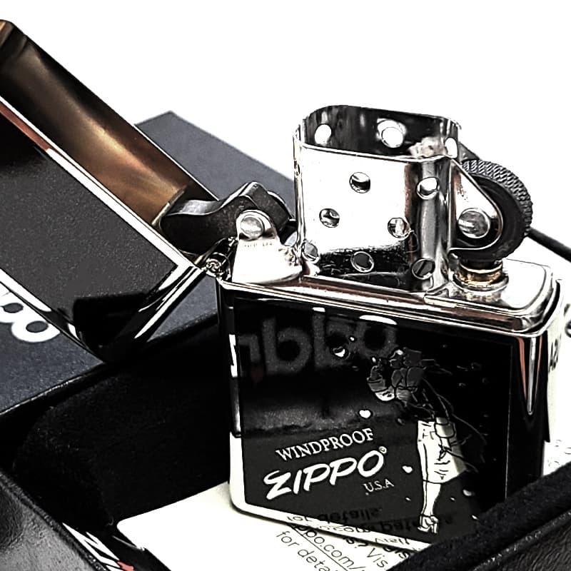 ZIPPO ウインディハート ブラック×シルバー ジッポ かっこいい ライター 鏡面 メンズ Windy おしゃれ 両面プリント加工 ギフト 銀 黒 ウインディHeart プレゼント オイルライター メンズ レディース