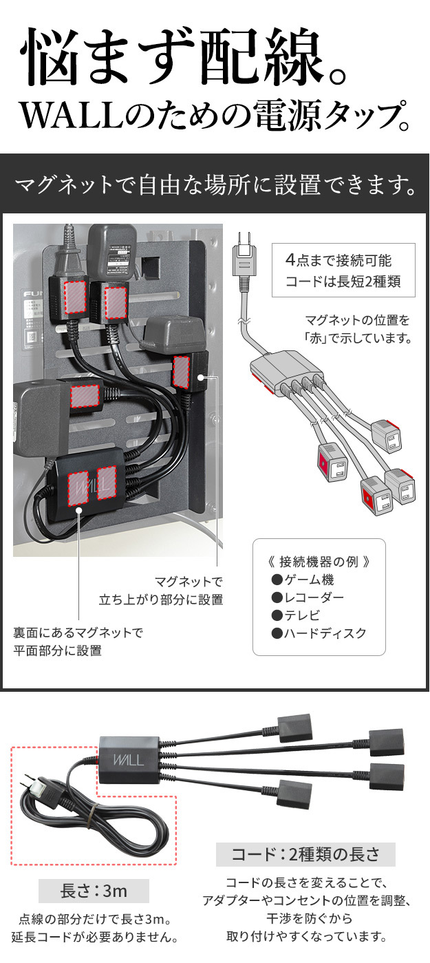 WALLインテリアテレビスタンド A2対応 スマート設置オプションセット-電源タップ-電源タッププレート-コードカバー 追加オプション 部品 パーツ 配線整理 配線カバー ケーブルカバー 配線隠し モダン おしゃれ WALLオプション